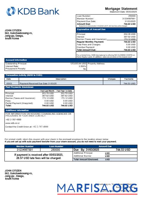 Realistic South Korea KDB bank mortgage statement in Word and PDF formats real example